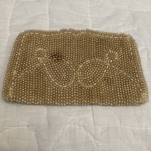 Vintage Beaded Evening Bag Glasses Clutch Zipper Jewelry Wallet Tan Cream AS IS